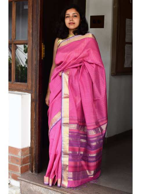 Purplish Pink, Handwoven Organic Cotton, Plain Weave , Jacquard, Festive Wear, Jari , Striped Saree